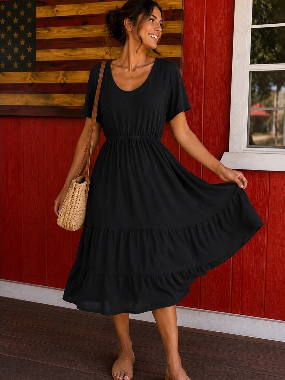 ePretty Black Short-Sleeve Tiered Maxi Dress